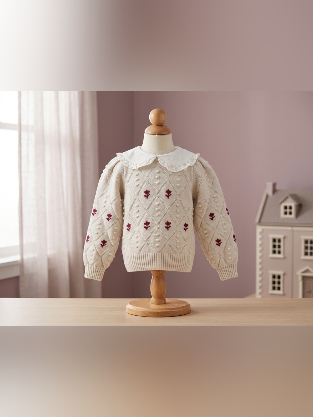 Janie and Jack Cream Knit Sweater with Burgundy Floral Motifs